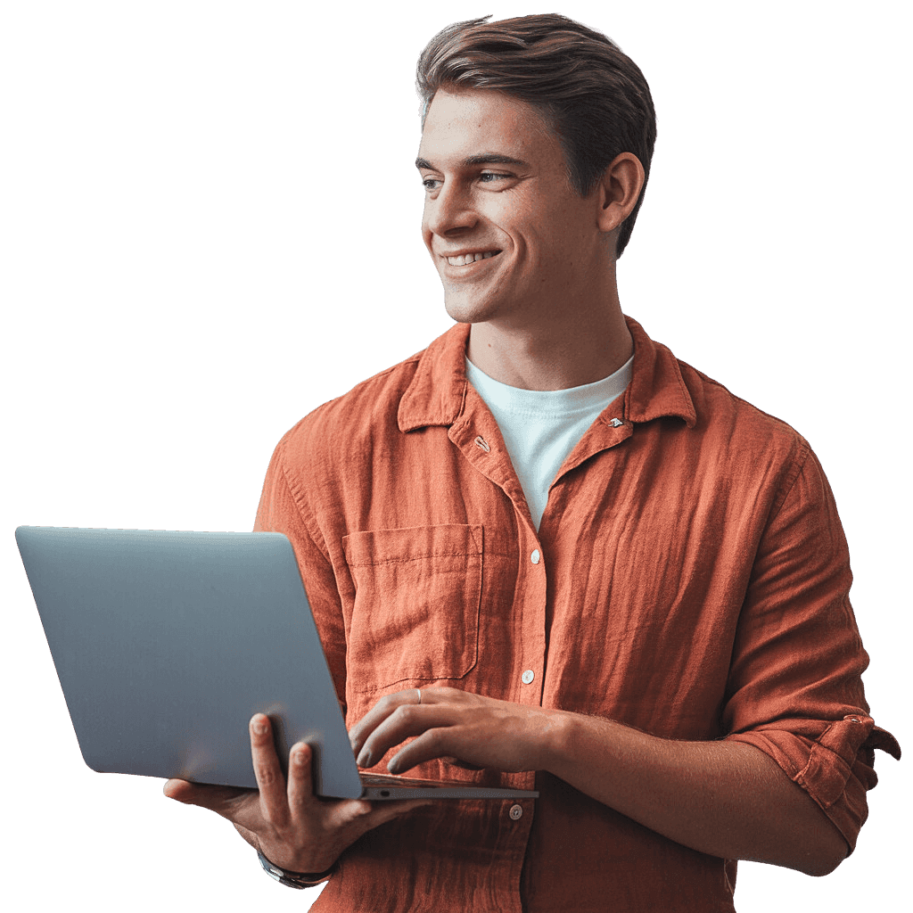 Uśmiechnięty młody mężczyzna trzymający laptopa - inteligentne generowanie opisów do ofert Allegro